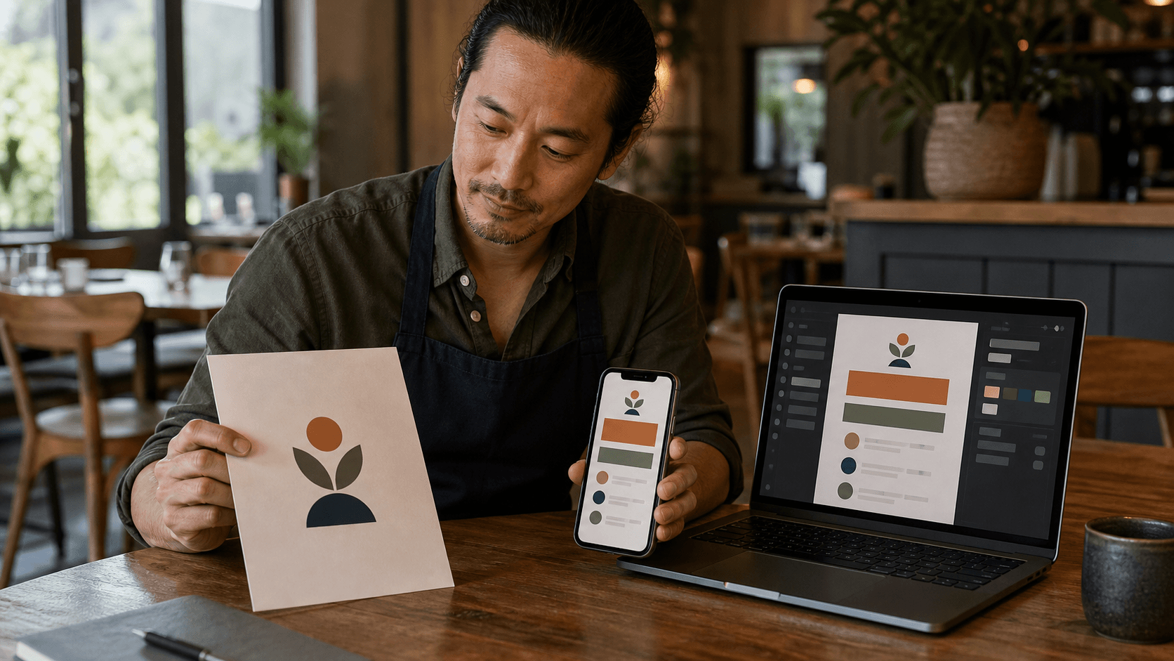 Restaurant owner comparing an abstract logo sheet with a laptop editor and mobile menu preview
