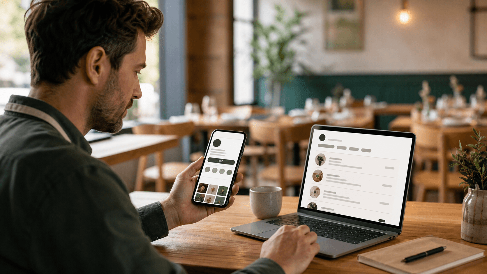 Restaurant owner checking a social profile link beside a mobile menu on a laptop