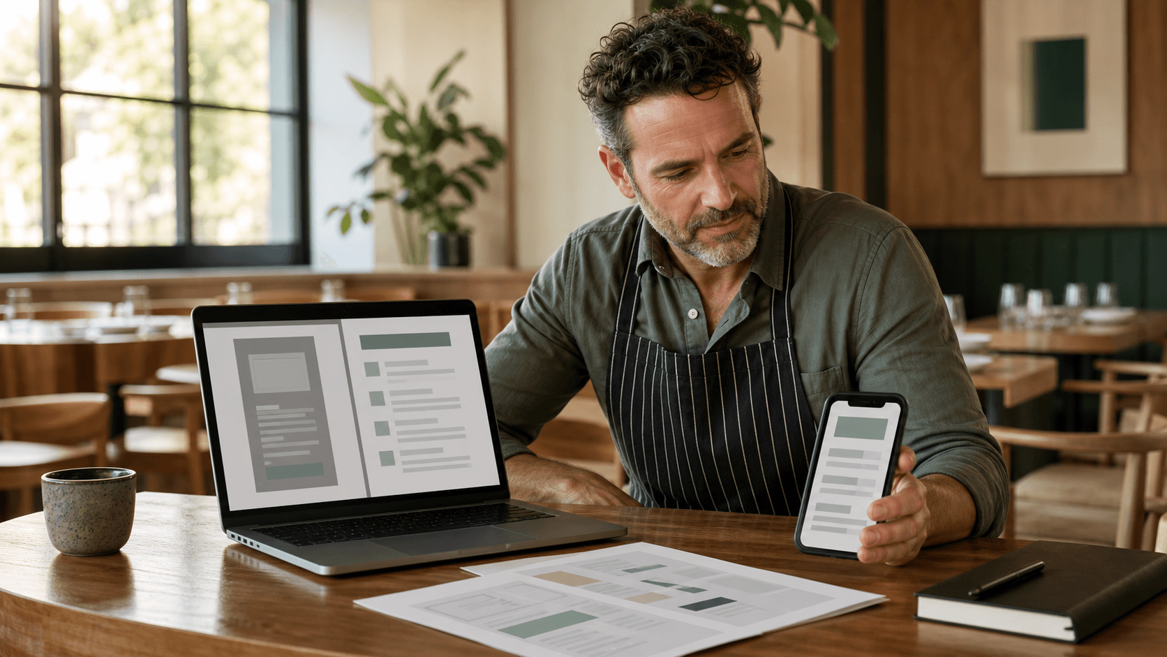 Restaurant owner comparing a PDF source with an editable menu draft and mobile menu preview