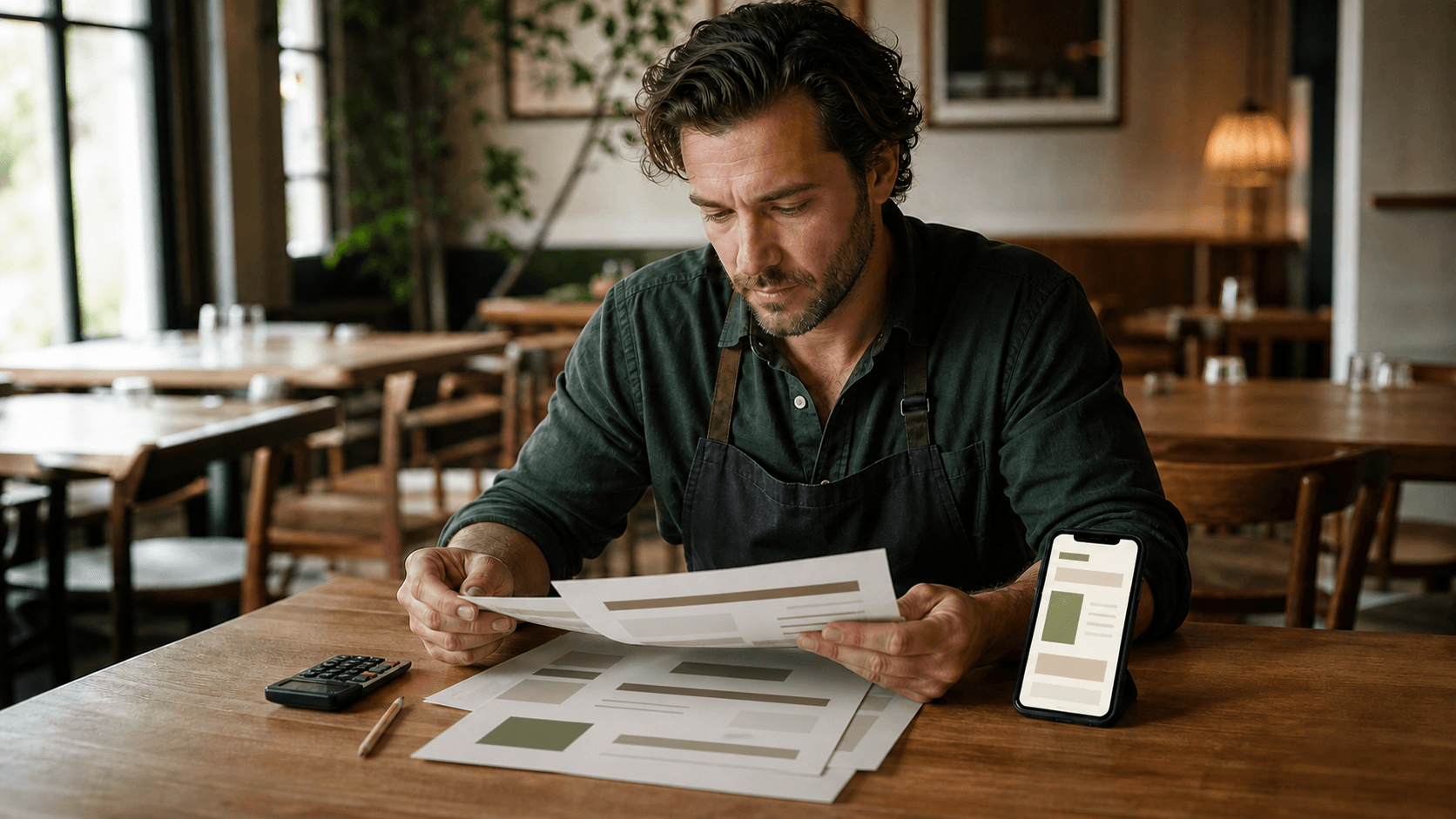 Restaurant owner comparing paper menu proofs with a mobile menu while planning costs
