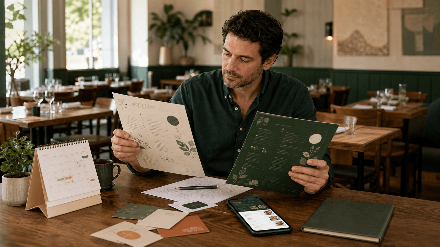 Restaurant owner reviewing a live mobile menu beside an update calendar