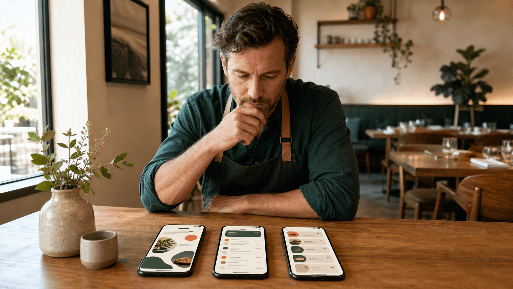 Restaurant owner comparing three mobile restaurant menu template styles on phones