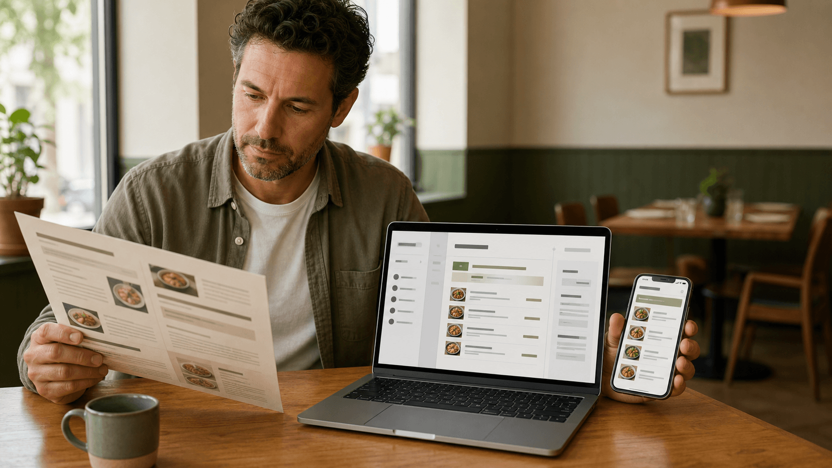 Restaurant owner comparing a printed source menu with an AI-generated editable draft and finished mobile menu