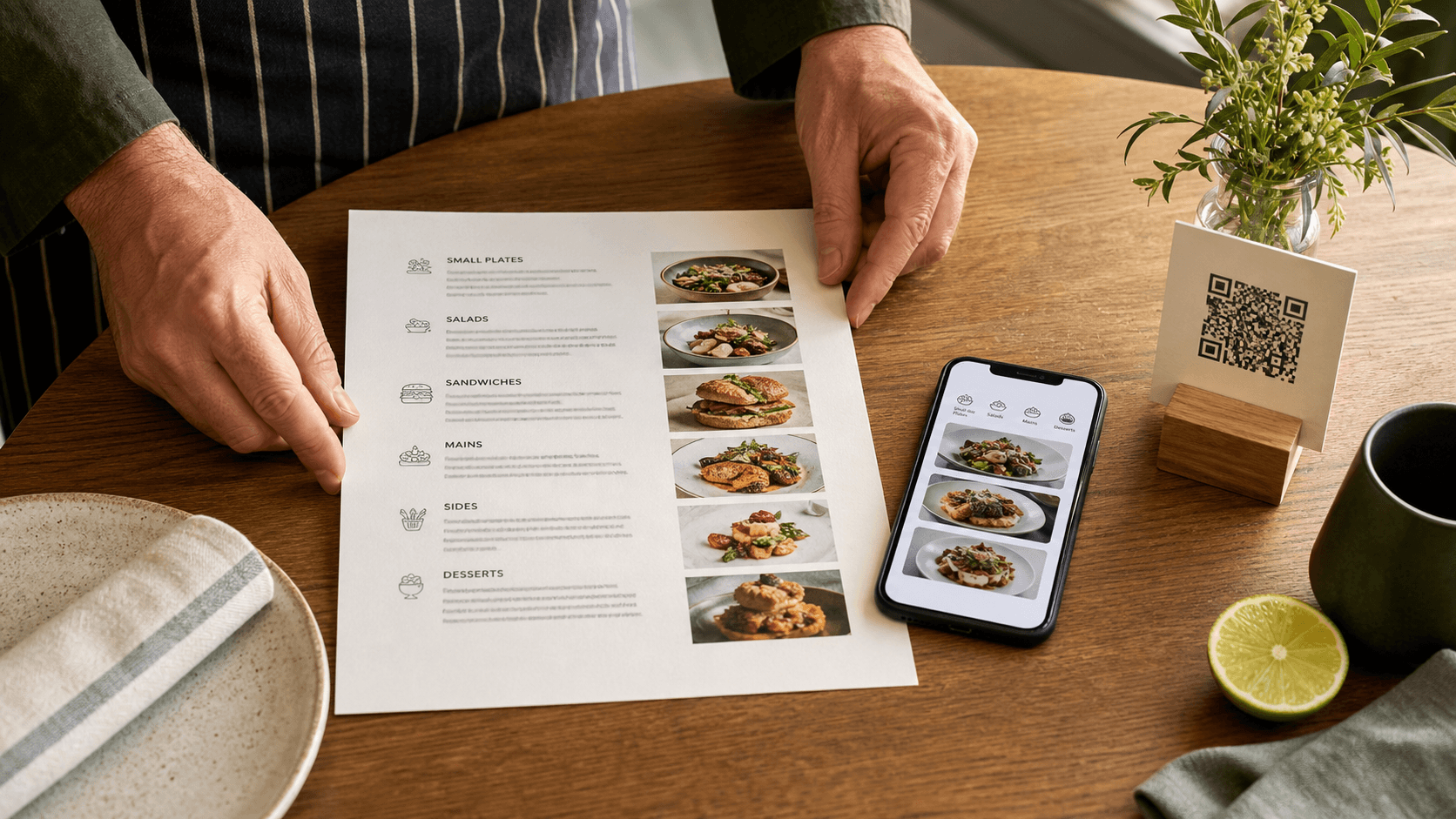 Restaurant owner reviewing a printed menu beside a smartphone and QR menu card