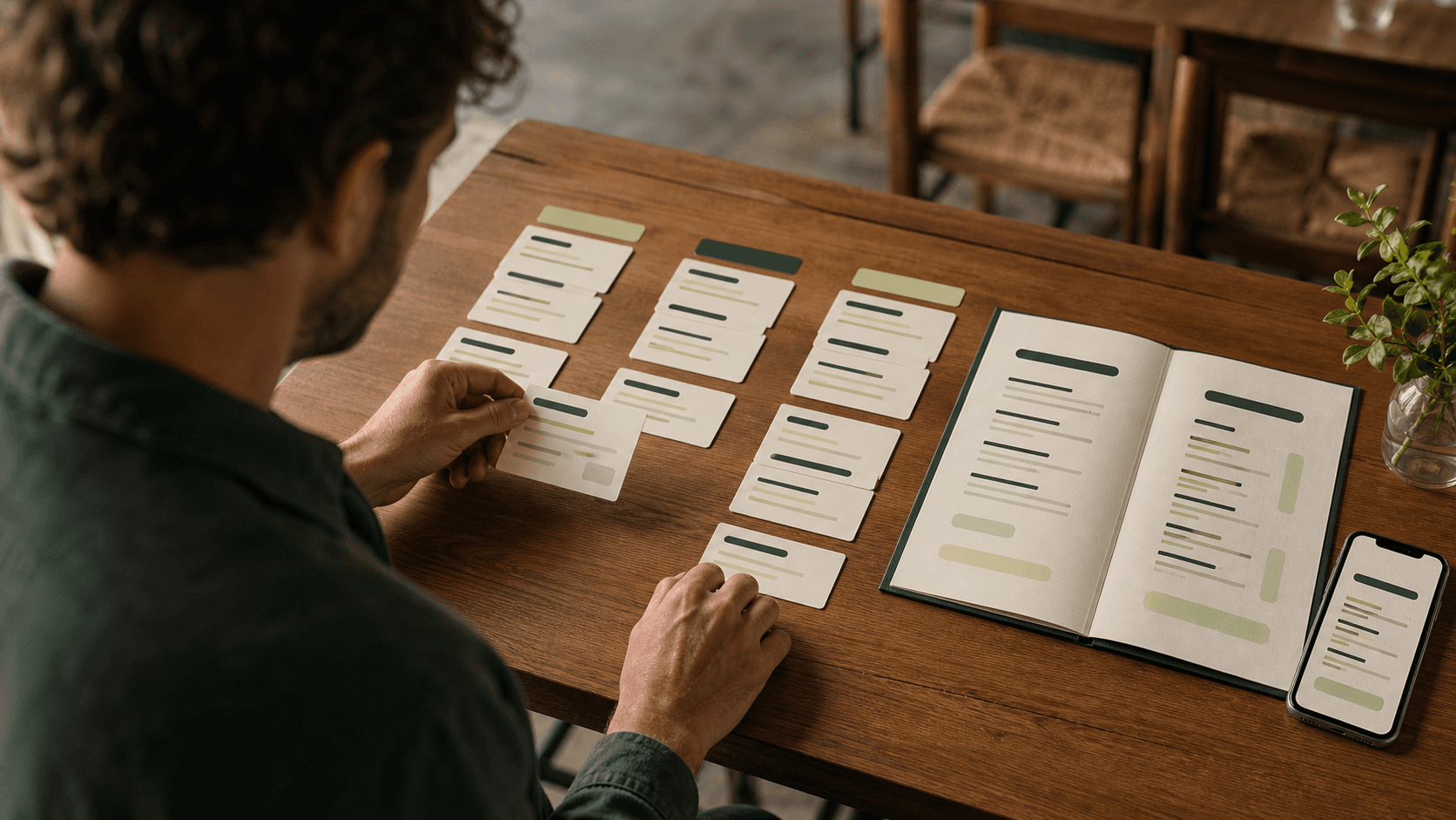 Restaurant owner arranging menu item cards into categories beside coordinated print and mobile menu layouts