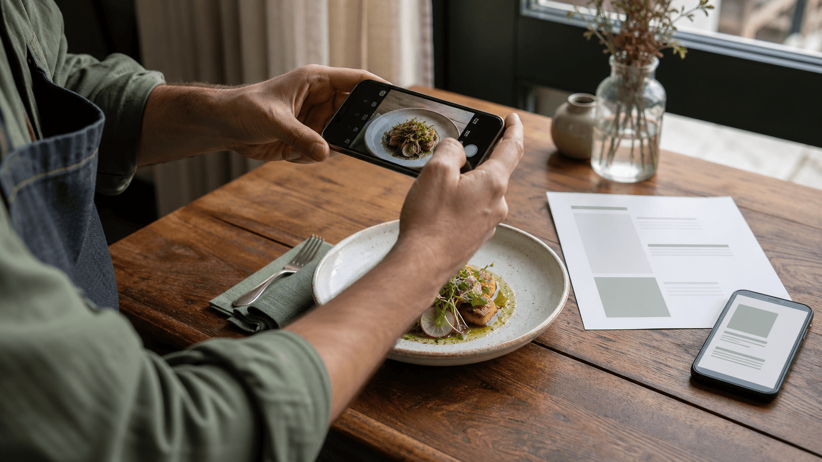 Restaurant owner using a smartphone to photograph a plated menu dish beside print and mobile menu layouts