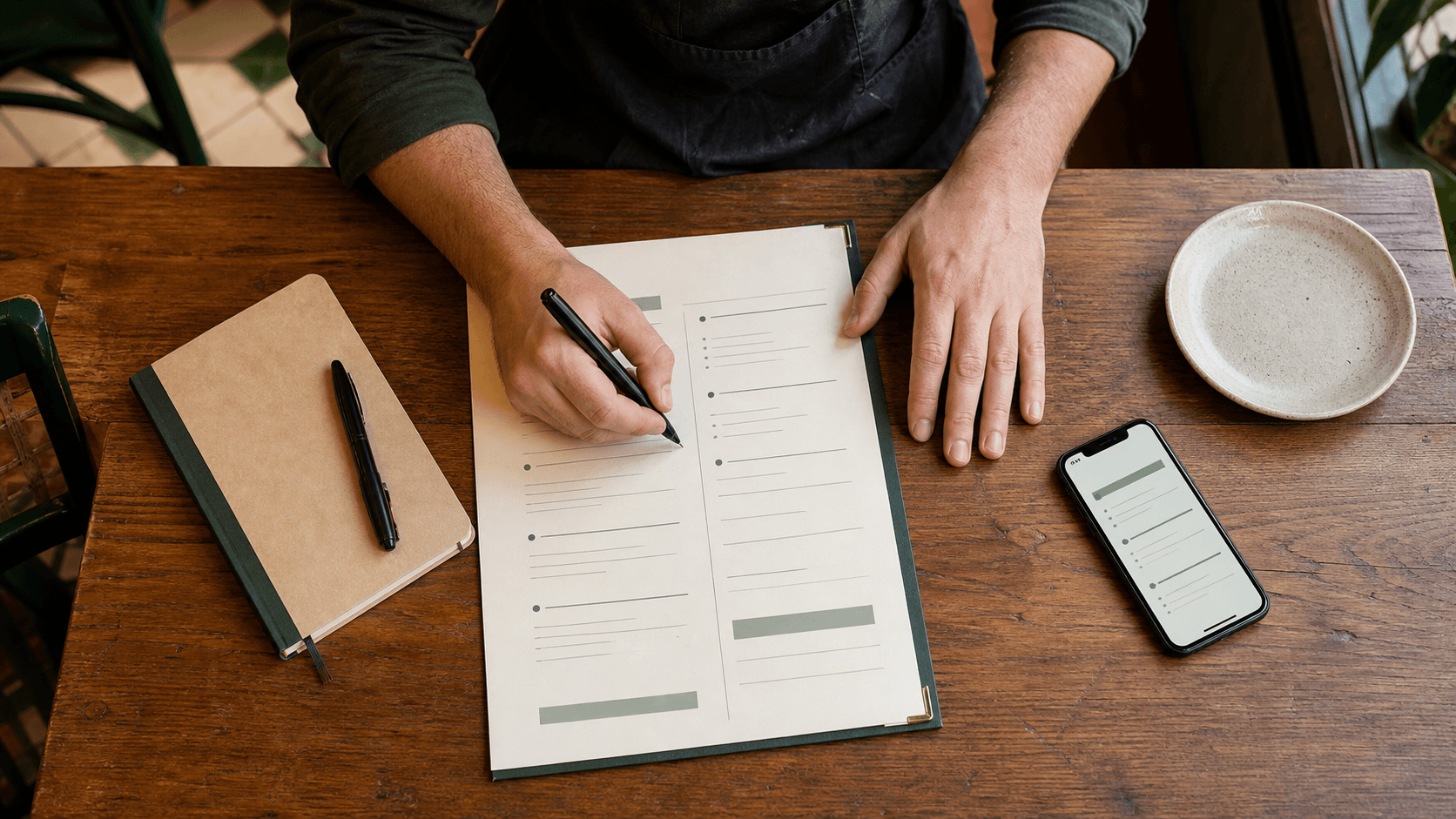Restaurant owner editing menu descriptions beside a smartphone showing a mobile menu layout