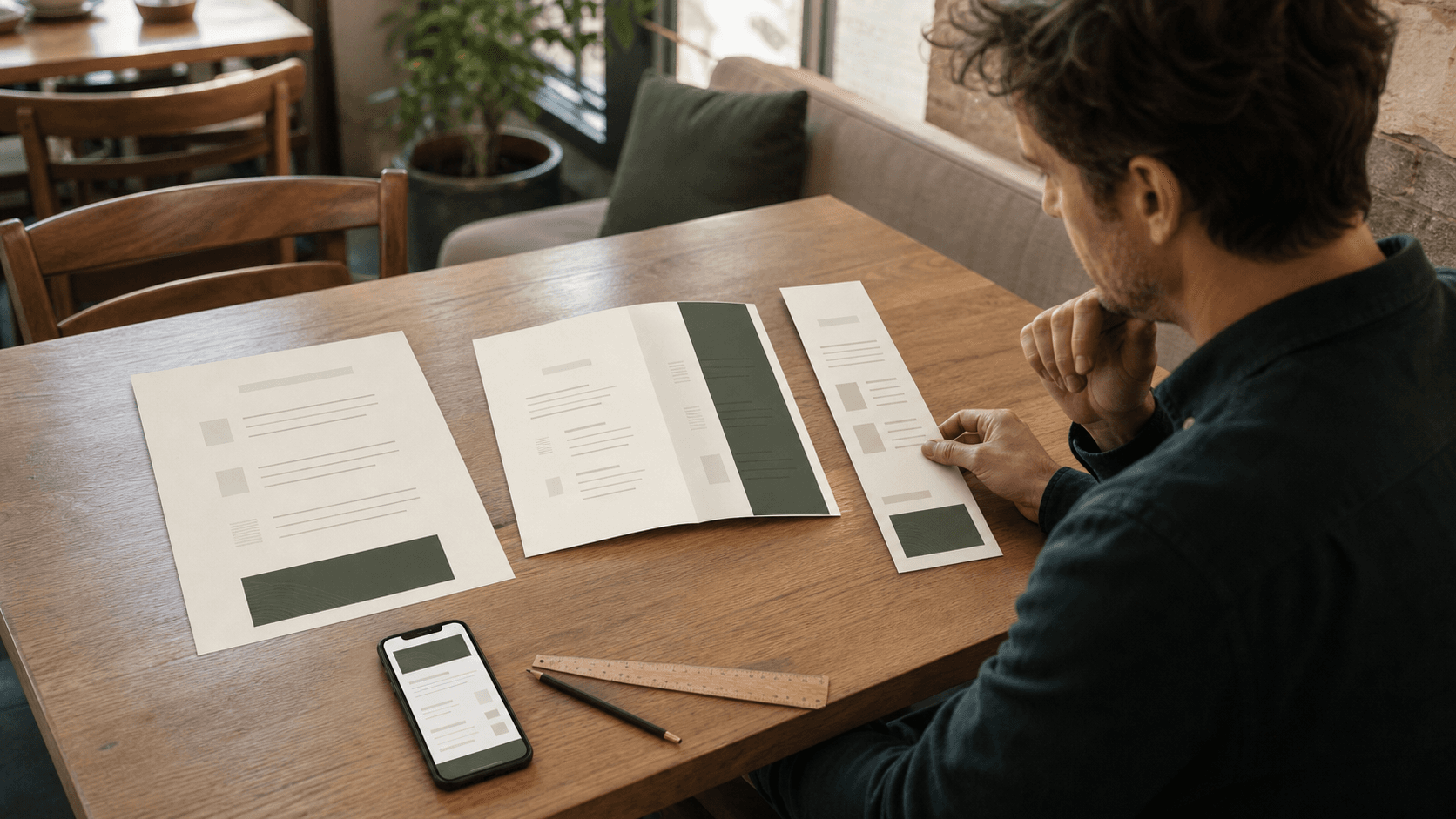 Restaurant owner comparing single-sheet, folded, and narrow printed menu sizes beside a mobile menu