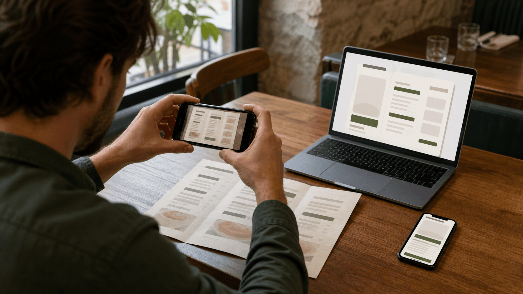 Restaurant owner photographing a paper menu beside an editable draft and mobile menu preview