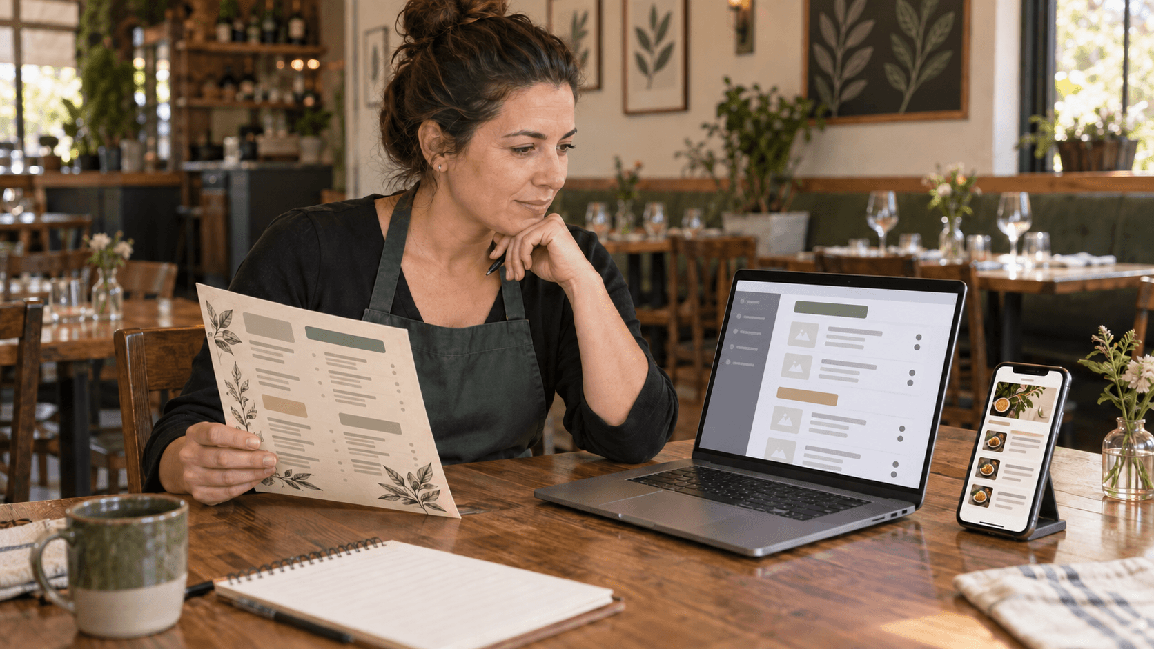 Restaurant owner comparing a paper source menu with an editable laptop draft and mobile menu preview