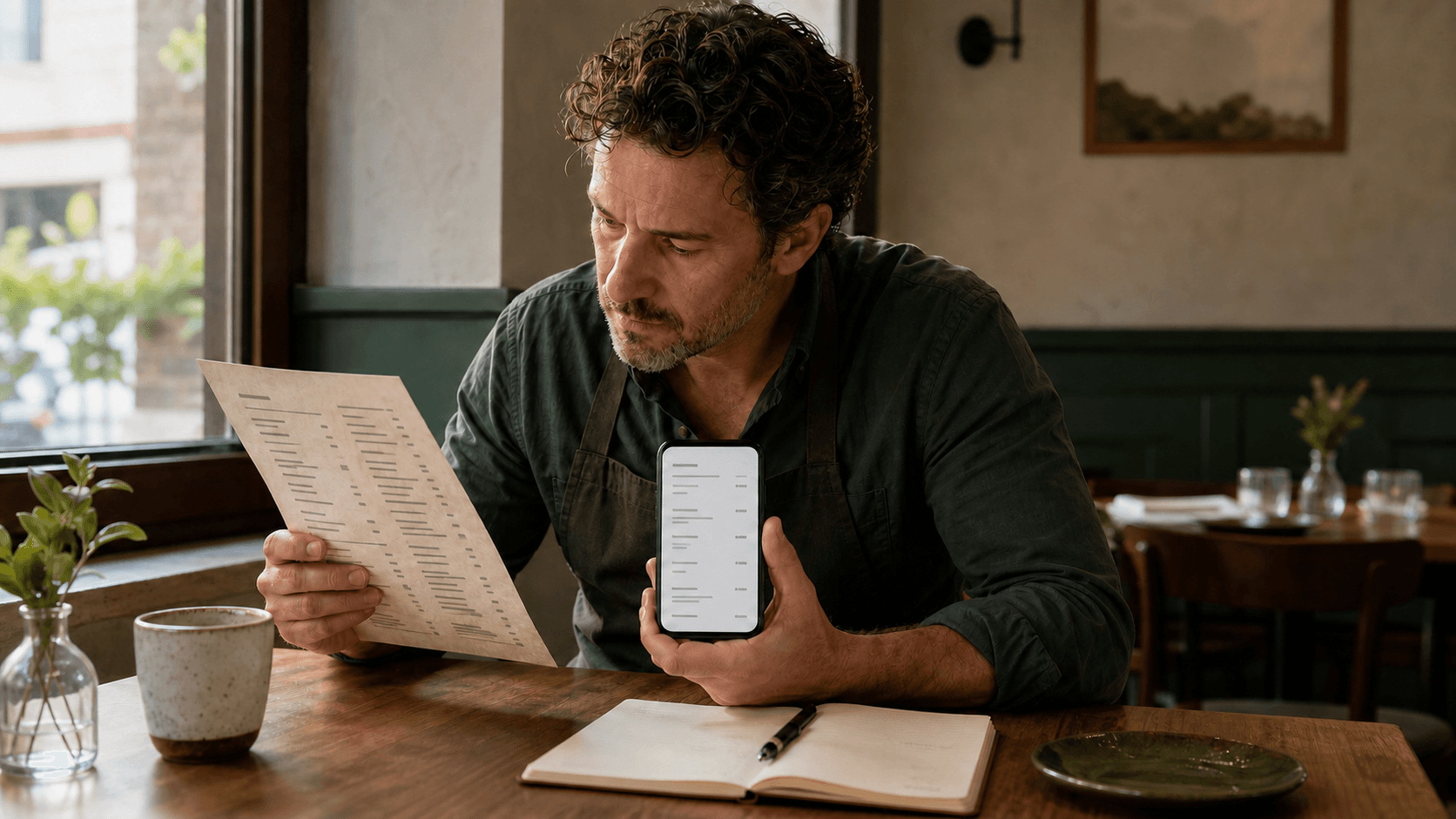 Restaurant owner comparing price formatting on a paper source menu and a mobile menu