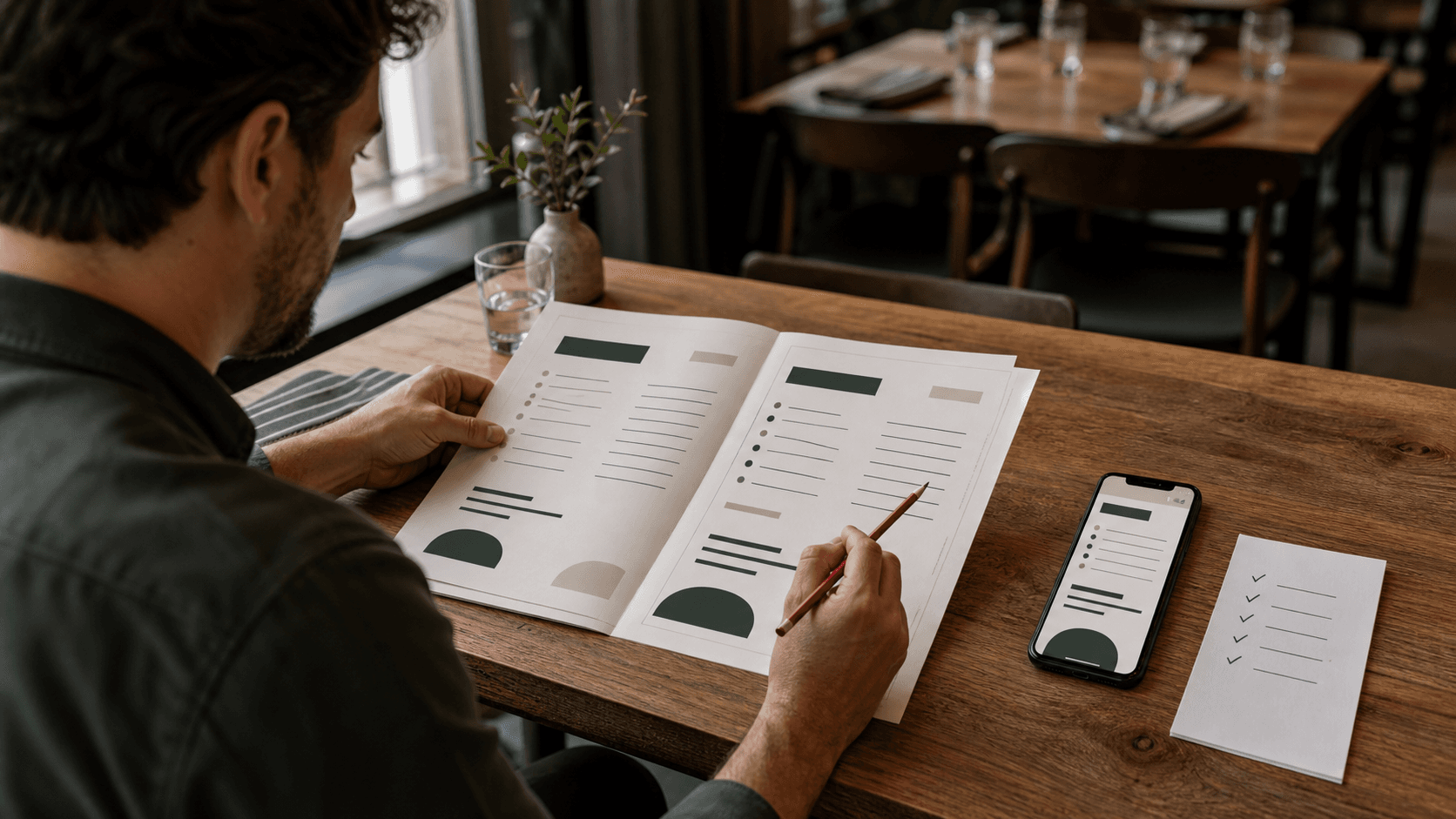 Restaurant owner proofreading a printed menu beside the matching mobile menu and a review checklist
